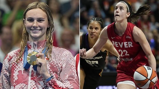 Composite photo of Canadian swimmer Summer McIntosh and WNBA player Caitlin Clark from the United States. 