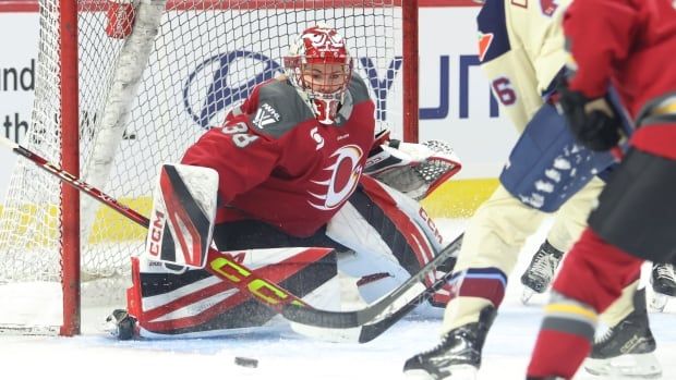 A hockey goalie looks to make a save.