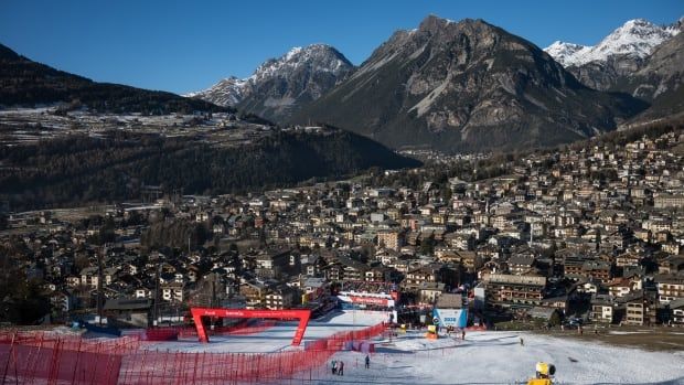 A panoramic view of a mountain ski village.