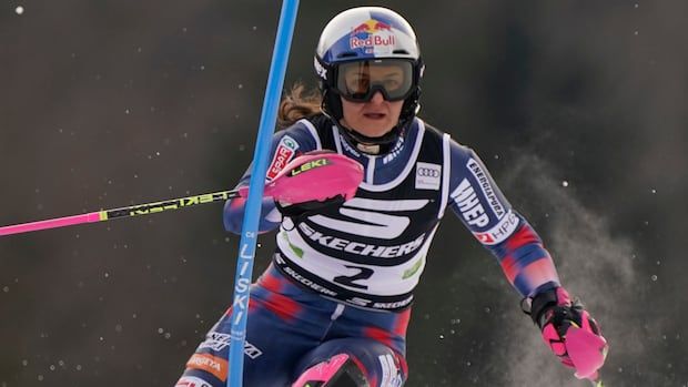 Croatia's Zrinka Ljutic speeds down the course during an alpine ski, women's World Cup slalom race, in Kranjska Gora, Jan. 5, 2025. 