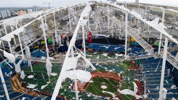 A baseball ballpark damaged after hurricane.