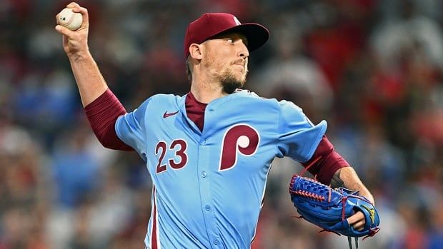 Philadelphia Phillies relief pitcher Jeff Hoffman delivers the final pitch of the game against the visiting Atlanta Braves at Citizens Bank Park on August 29, 2024. 