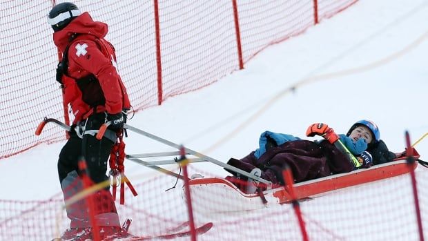 American female skier is taken off the course by ski patrol after a crash during the second run of the Women's Giant Slalom during the STIFEL Killington FIS World Cup race at Killington Resort on November 30, 2024 in Killington, Vermont. 