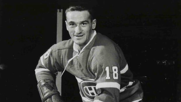 Black and white photo of Marcel Bonin in his Canadiens uniform.