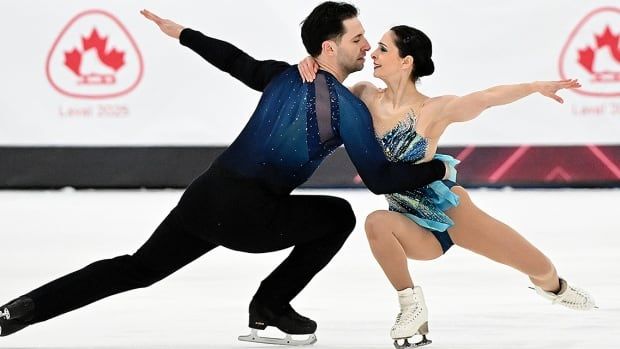 Maxime Deschamps and Deanna Stellato-Dudek perform their pair's free program at the Canadian national skating championships in Laval, Que., on January 18, 2025. 