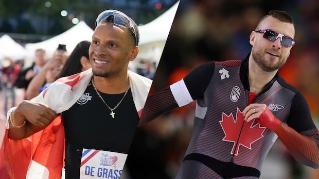 File photos of Canadians Andre De Grasse and Laurent Dubreuil