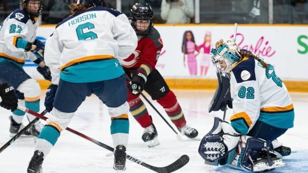 A women's hockey goalie, shown at right, makes a save while an opposing player is surrounded by defensive players.