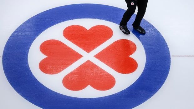 Scotties Tournament of Hearts logo painted on the ice in Calgary, Alberta on February 19, 2024.  