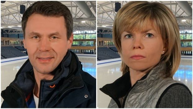 Headshots of Vadim Naumov, left and Evgenia Shishkova, with a rink behind them.