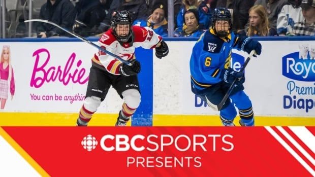 Two women's hockey players are shown skating for the puck above a CBC Sports Presents logo is shown at bottom.