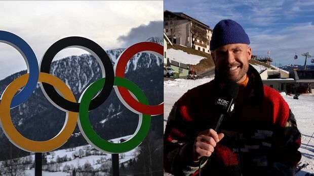 Left: Olympic Rings in Antholz, on January 22, 2025. Right: Devin Heroux in Saalbach-Hinterglemm, Austria on Feb. 6, 2025.