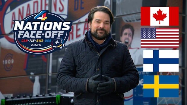 CBC's Douglas Gelevan stands outside the Bell Centre with 4 flags put over the image, and the logo of the 4 nations face-off as well