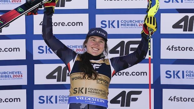 Canada's Laurence St-Germain celebrates after a victory at the world championships in 2023.