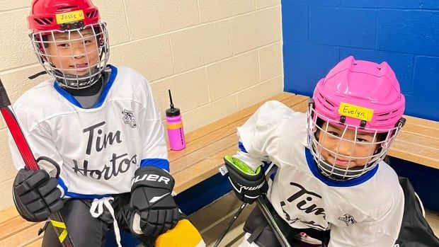 Two young hockey players pose for a picture in a dressing room.