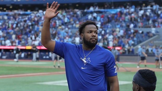 Blue Jays first baseman Vladimir Guerrero Jr. waves to fans after his team's 3-1 loss to the Miami Marlins in interleague MLB regular-season action in Toronto on, September 29, 2024.