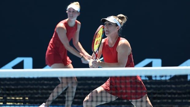 Canadian tennis player Gabriela Dabrowski and her doubles partner, Erin Routliffe of New Zealand, compete in a women's second-round match against Maia Lumsden of Great Britain and Anna Siskova of the Czech Republic at the Australian Open on January 17, 2025.