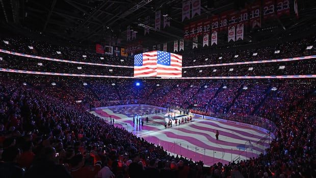  The national anthems are played prior to the game between Team Canada and Team USA in the 4 Nations Face-Off game at the Bell Centre on Feb 15, 2025 