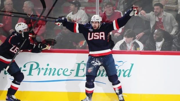 A male ice hockey player raises his arms in celebration as fans watch from behind the glass.