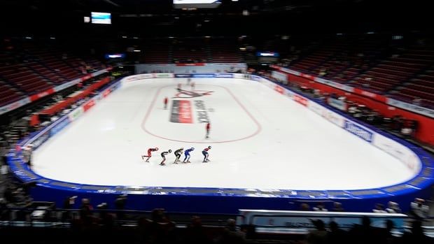 Athletes compete during the women's 1,500-metre quarterfinal at the Short Track World Tour, Olympics Milano-Cortina 2026 test event in Milan, Italy on February 14, 2025. 