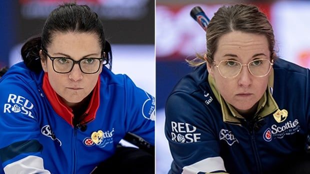 Composite photo of Manitoba skip and Nova Scotia counterpart Christina Black delivering a rock in Scotties Tournament of Hearts curling action against Ontario in Thunder Bay, Ontario on February 15, 2025.