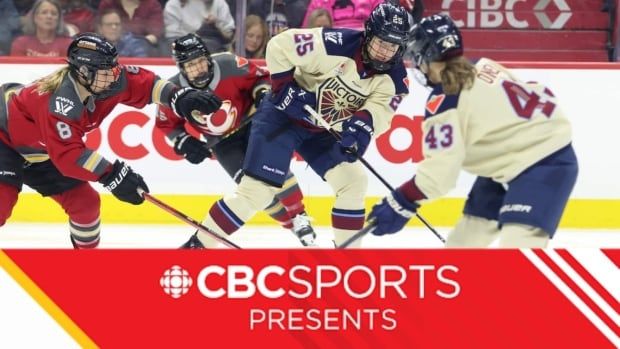 Four women's hockey players are shown in game action.