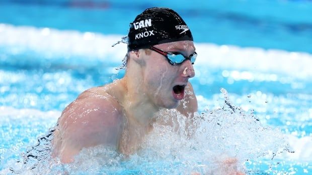 Male swimmer coming up for air, competing in the pool