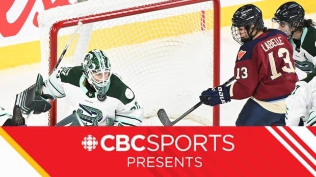 Women's hockey players gather around the net. the CBC Sports Presents logo is shown at the bottom of the image.