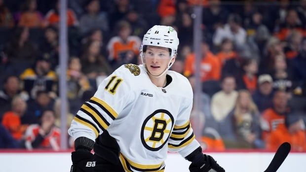 A male hockey player looks during a game.