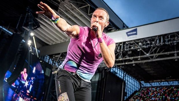 Singer Chris Martin of British band Coldplay performs at Parken Stadium in Copenhagen, Denmark on July 5, 2023.