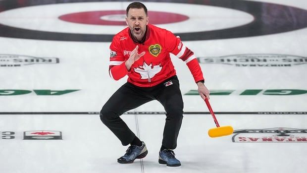 Canada skip Brad Gushue reacts to his shot while playing Alberta's Kevin Koe in extra ends during the Brier in Kelowna, B.C., on March 5, 2025.