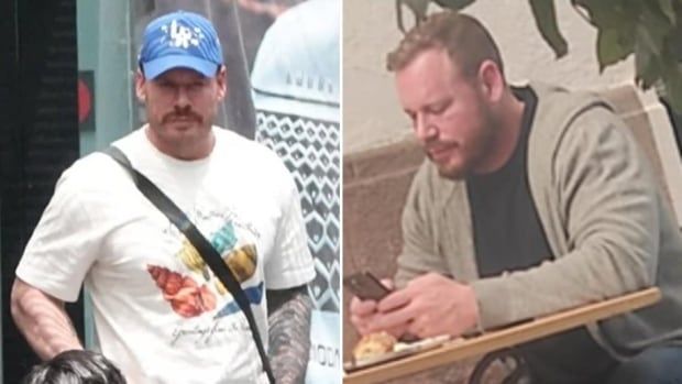 A composite photo of the same man: In one, he's dressed in a white T-shirt and blue ballcap, with a moustache and arm tattoos. In the other, he's looking at a cellphone while wearing a grey sweatshirt and black T-shirt.