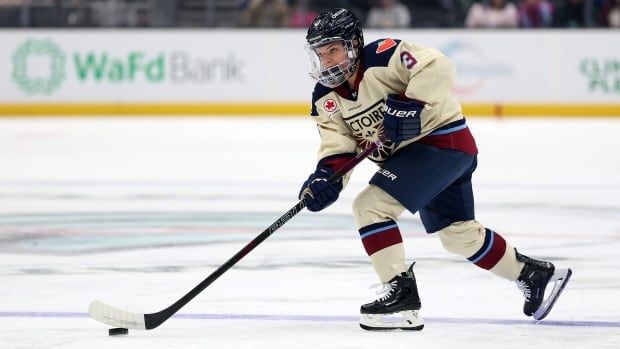 Female hockey play stick handles the puck inside the blue line on the ice during a game.