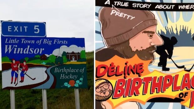 Split screen of town sign of Windosr, N.S. and a comic book about Délı̨nę, NW.T's hockey story.