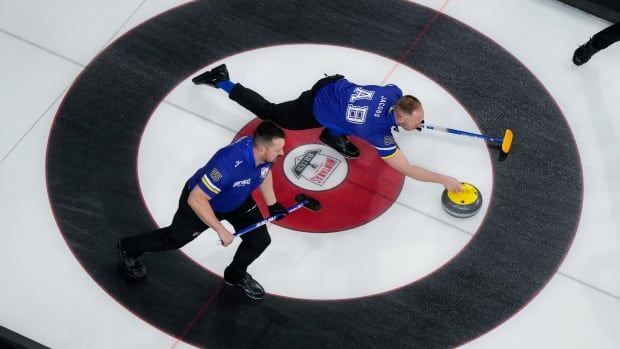 Aerial view of curling ice, with two male curlers at centre, one lunging to throwing the rock and one teammate standing upright in preparation to sweep. 