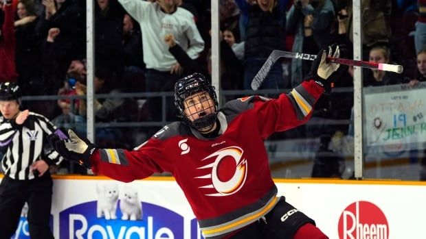 A hockey player celebrating a goal