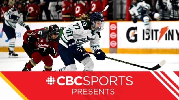 Two women's hockey players are shown skating during a game. The CBC Sports logo is shown over the lower third of the image.