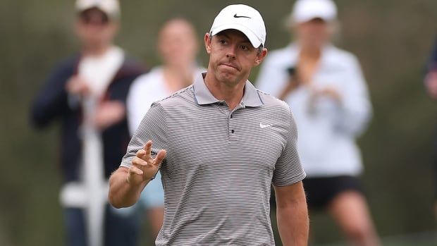 Rory McIlroy of Northern Ireland reacts on the first green during the final round of The Players Championship on the Stadium Course at TPC Sawgrass on March 16, 2025 in Ponte Vedra Beach, Florida.