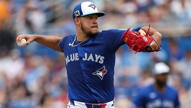 Toronto Blue Jays starting pitcher Jose Berrios throws a pitch against Atlanta in the first inning of a MLB spring training game at TD Ballpark in Dunedin, Florida on March 16, 2025. 