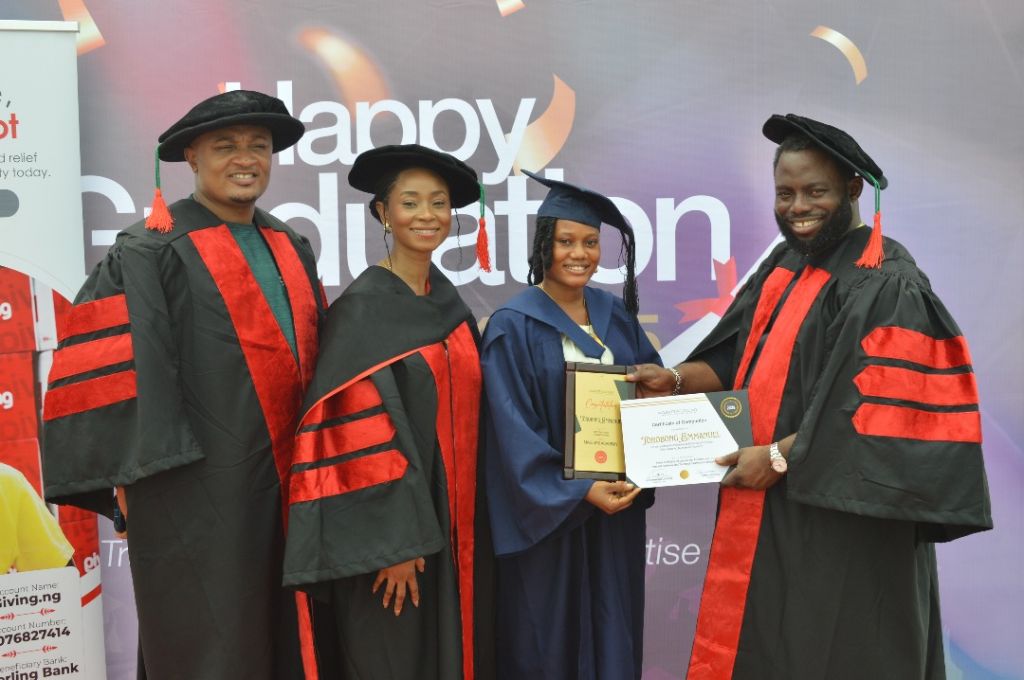 L-R: Kemmal Onuoha, Dean of Faculty Majeurs Academy; Demi Samande, Founder Majeurs Academy; Toroobong Emmanuel, Majeurs Academy Graduand and 2024/2025 Valedictorian; and Dr. Olamide Okulaja, Patron Majeurs Academy at Graduation Ceremony of the Academy's maiden cohort of talented artisans in Lagos Saturday.