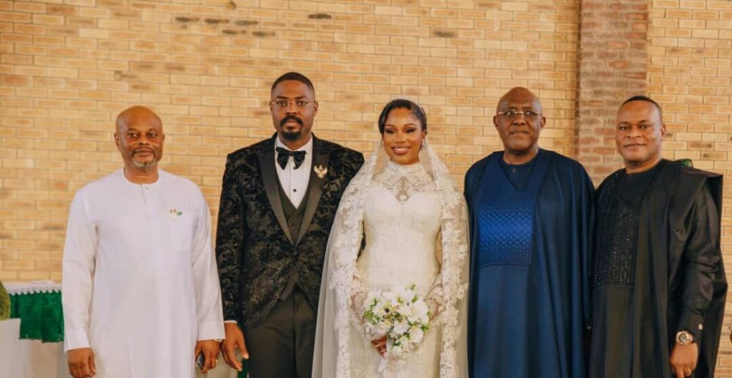 L-R: Minister of Science, Innovation and Technology, Uche Nnaji, the groom Hon Chijioke Emmanuel Nwadavid, the groom, the bride is the bride Adaeze Sonianita Enemuo, former spokesperson of the PDP, Olisah Metuh and the immediate past Deputy Governor of Ebonyi State/Father of the Occasion Kelechi Eric Igwe