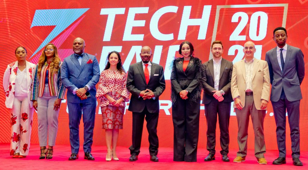 L-R: Founder/Director, Nistad Limited, Ada Jabaru; Director-General/CEO, NIMC, Bisoye Coker-Odusote; Special Adviser to the President on Economic Matters, Tope Fasua; Partner, Africa, AI & Data Leader, Deloitte, Jania Okwechime; Founder & Chairman, Zenith Bank Plc, Jim Ovia; Group Managing Director/ Chief Executive, Zenith Bank Plc, Adaora Umeoji; Global Expert on AI, Danilo McGarry; Strategy & Digital Implementation Specialist, Robin Speculand; and the Commissioner for Science, Innovation & Technology, Lagos State, Olatunbosun Alake during the Zenith Tech Fair 4.0 held at Eko Convention Centre, Eko Hotels & Suites, Victoria Island, Lagos, yesterday.