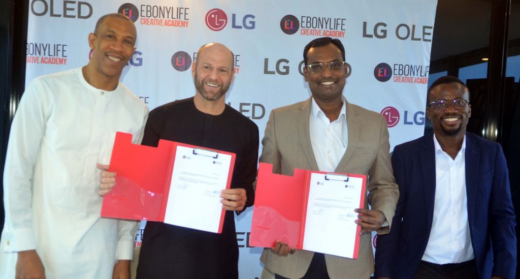 L-R: General Manager, Ebonylife Place, Michael Williams, Head of the Ebonylife Creative Academy, Drikus Volschenk, Head Corporate Marketing, LG Electronics, Hari Elluru, Marketing Manager, LG Electronics, Paul Mba at the LG Electronics and Ebonylife Creative Academy partnership press conference held at Ebonylife Place Victoria Island Lagos today.