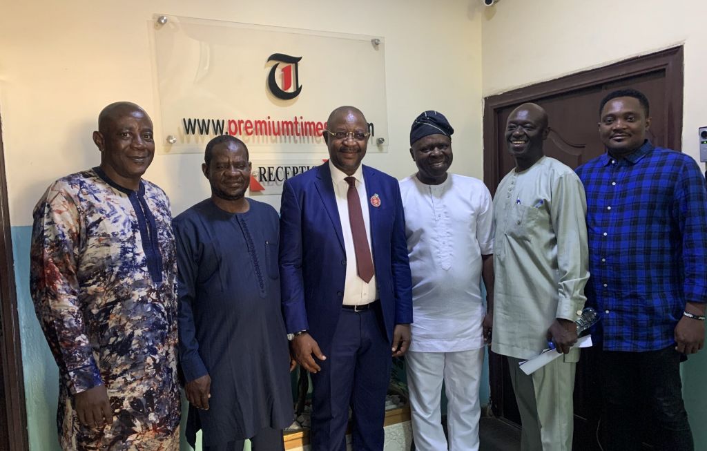 From left to right, the Premium Times Investigations Editor, Bisi Abidoye, Managing Editor Musikilu Mojeed, SSA to the President, Sunday Dare, the assistant managing editor, special projects, Nosike Ogbuenyi, General Editor Festus Owete, and Admin Manager Willie Obaseota.