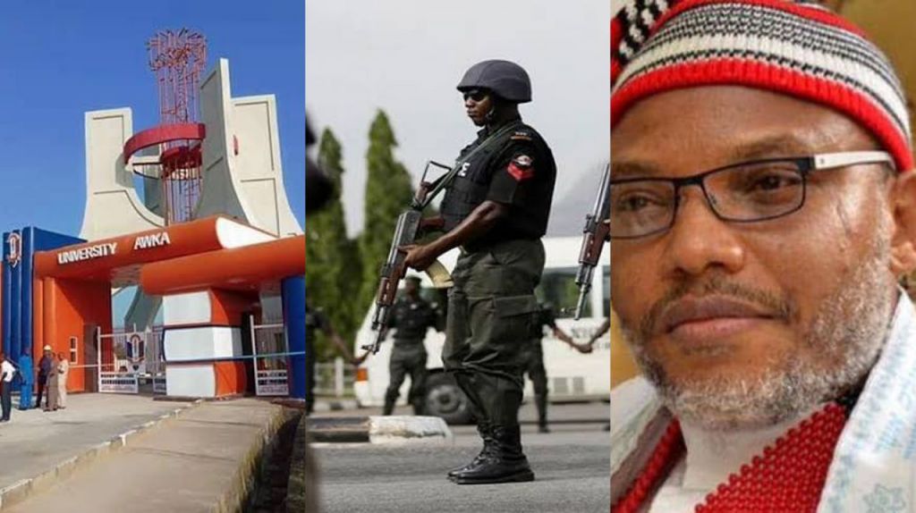 Photo collage of UNIZIK gate, police operatives, and Nnamdi Kanu