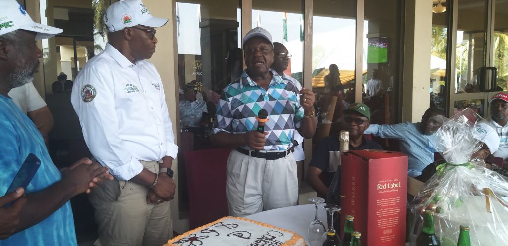 Former Gov Attah with microphone during the annual golf tournament in Uyo to celebrate his 86th birthday [Photo Credit: Cletus-Ukpong]