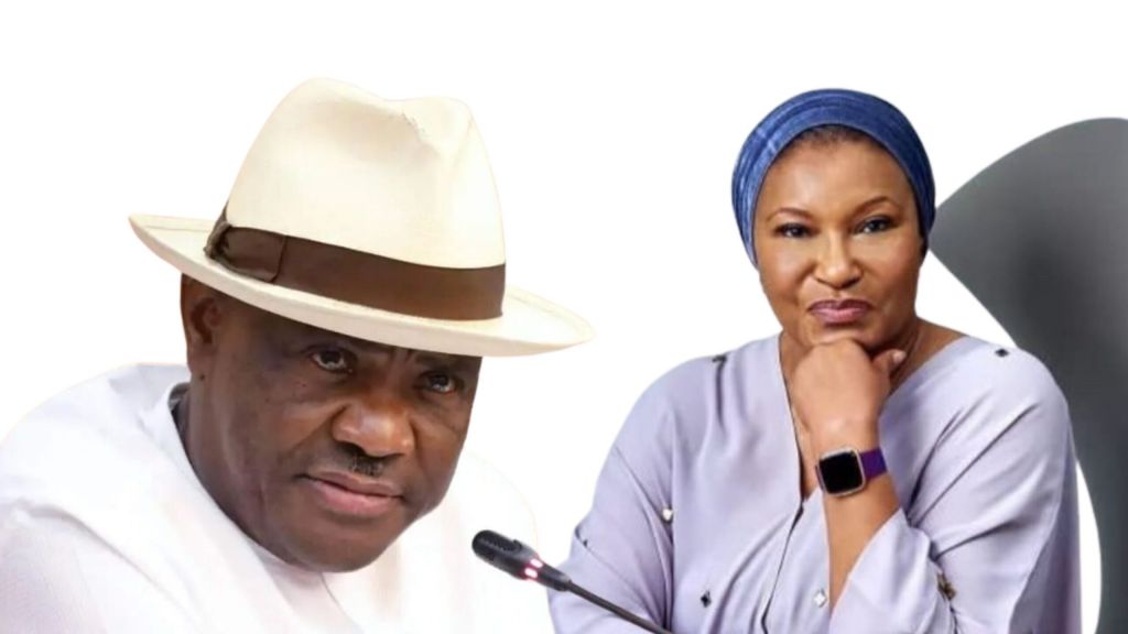 A collage of Nyesom Wike and Senator Ireti Kingibe