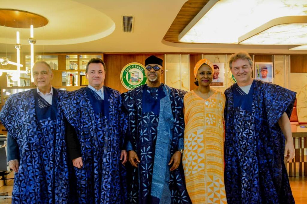 L-R: FMN Controlling Shareholder, John Coumantaros; JBS Controlling Shareholder, Wesley Battista; Ogun State Governor, Prince Dapo Abiodun; CEO, Nigeria Investment Promotion Council (NIPC), Aisha Rimi and another JBS Controlling Shareholder, Joesley Battista, during their visit to the Governor at his Oke-Mosan Office, Abeokuta, Ogun State, on Sunday.