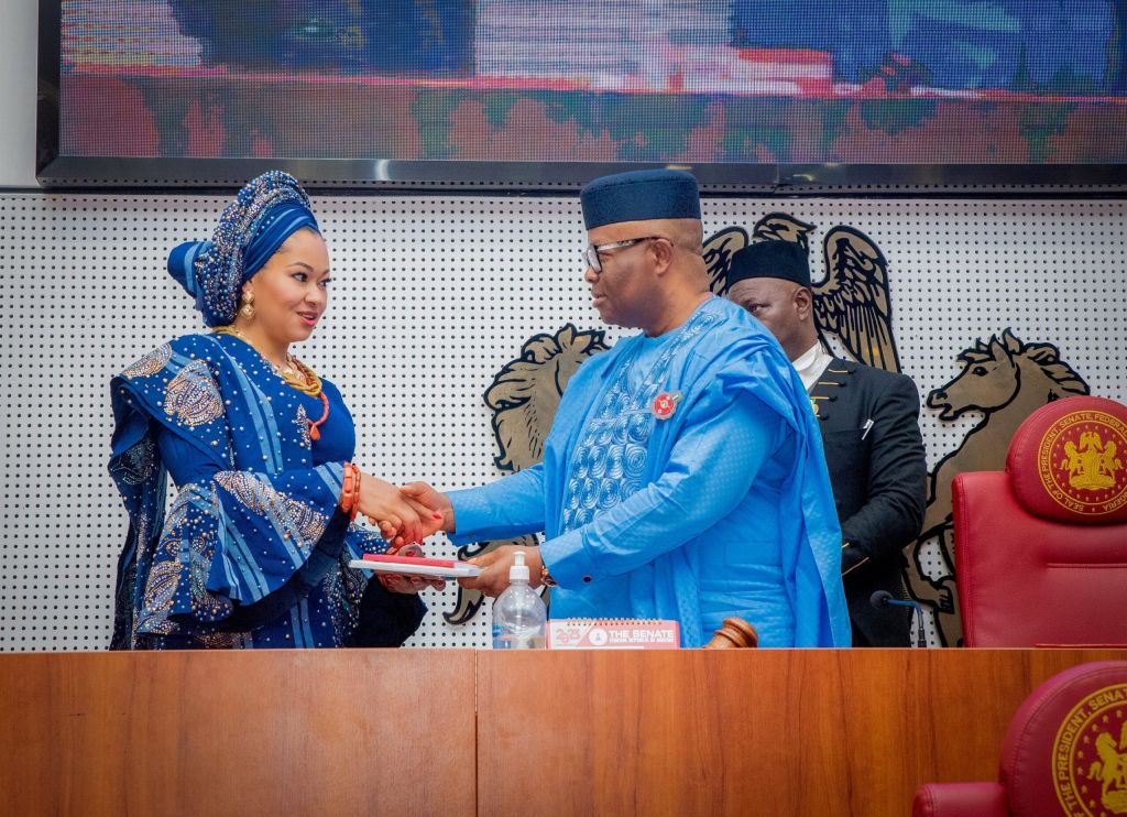 Natasha Akpoti Uduaghan of PDP and the Senate president Akpabio during her swearing in as Senator representing Kogi Central