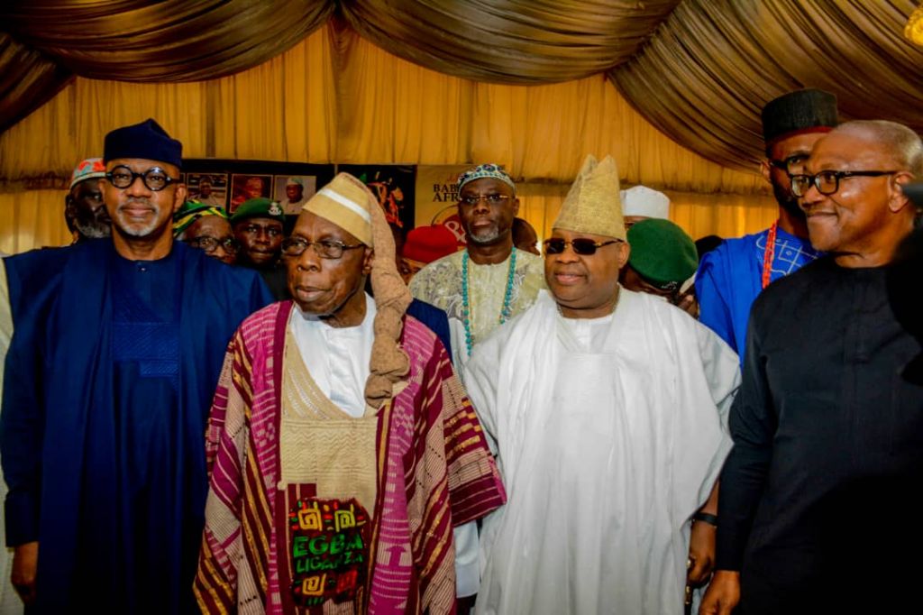 L-R: Ogun State Governor, Prince Dapo Abiodun; the celebrant and former President of Nigeria, Chief Olusegun Obasanjo; Osun State Governor Ademola Jackson Adeleke and former presidential candidate of the Labour Party, Mr. Peter Obi, during the 88th birthday celebration of Chief Obasanjo, held at the Olusegun Obasanjo Presidential Library, Abeokuta, Ogun State on Wednesday.