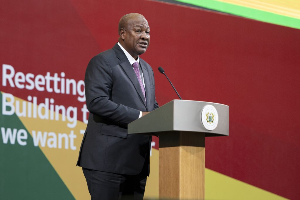 ACCRA, GHANA - MARCH 3: John Mahama, Ghana's president, speaks during the National Economic Dialogue on March 3, 2025, in Accra, Ghana. The National Economic Dialogue brings together representatives from government, business, and civil society for a dialogue around the theme "Resetting Ghana: Building the Economy We Want Together" and takes place ahead of the reading of Ghana's national budget in Parliament on March 11. (Photo by Ernest Ankomah/Getty Images)